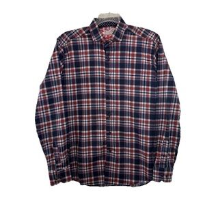7 Downie St London Blue Plaid Button Up Shirt Mens Large Fitted Stretch Long Slv